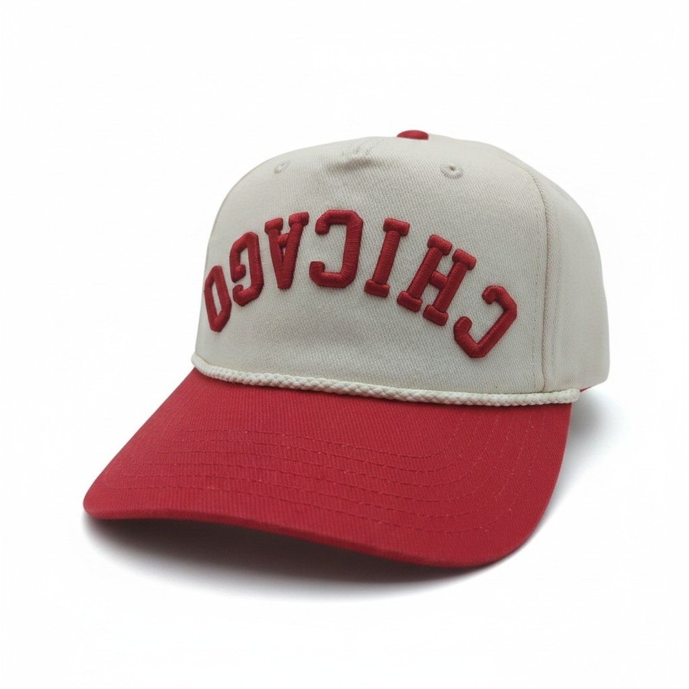 Mad Engine Chicago Upside Down Text Snapback Hat Cream Red Rope Cap Mens OSFM